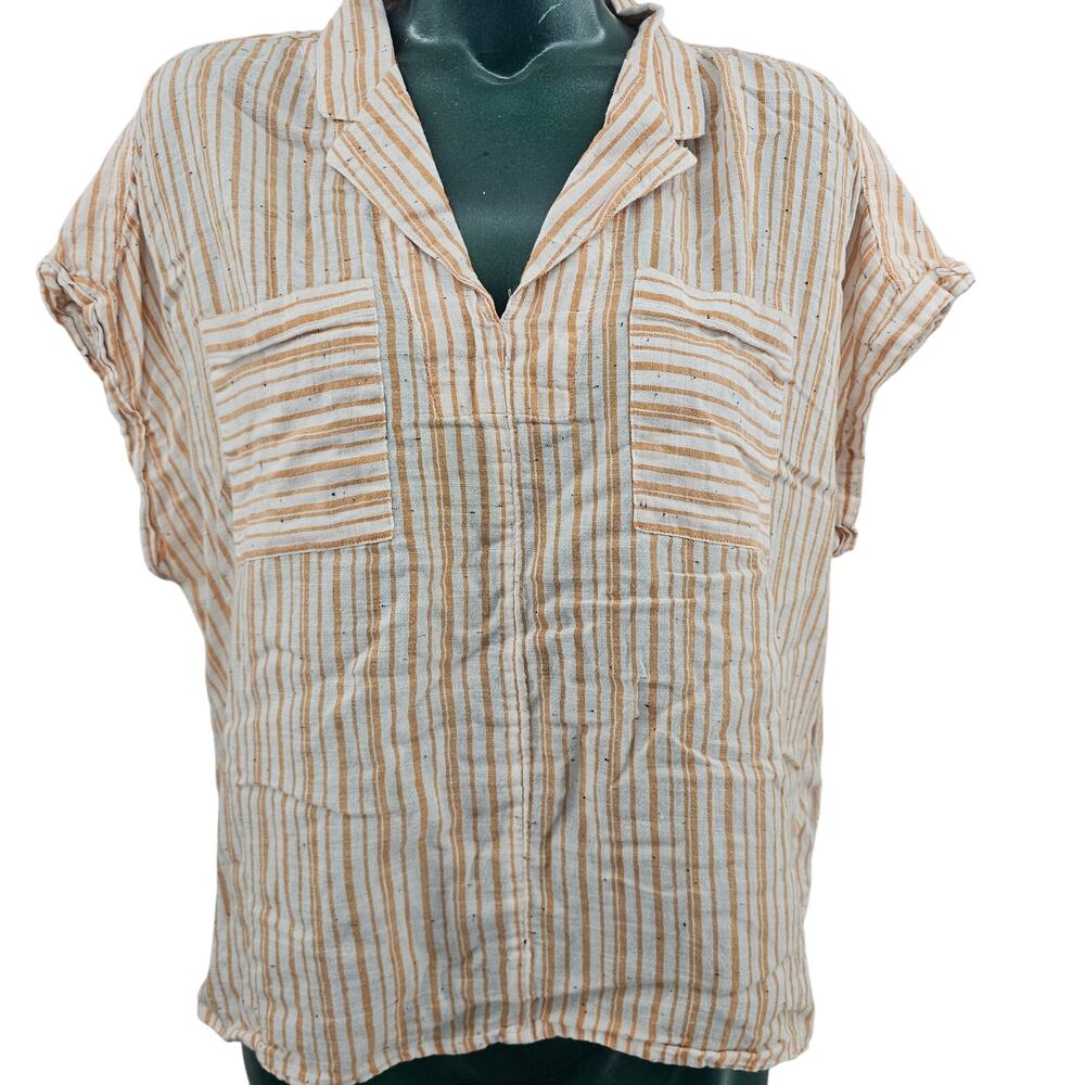 Wonderly Striped Orange White Collared Button Boho Top Cotton Women's XL 3581